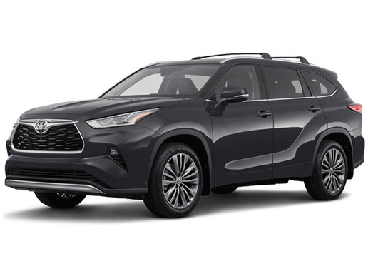 Picture of a black, 2022 Toyota Highlander Limited SUV from the front driver's side corner.